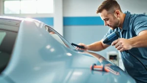 Apply paint protection film near me with a technician carefully working on a car's shiny surface.