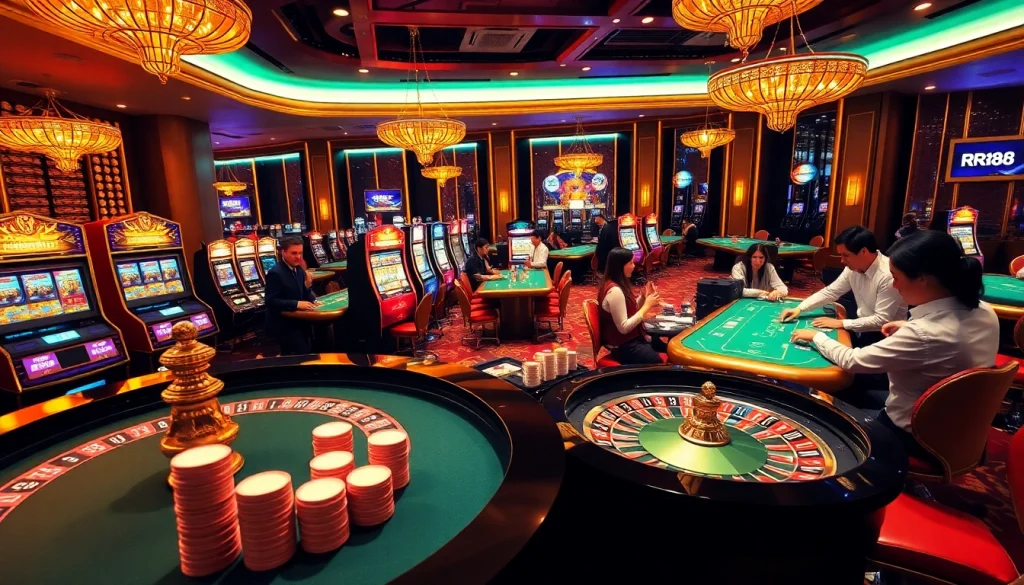 Experience thrilling gameplay at RR88 through vibrant casino scenes with engaged players.