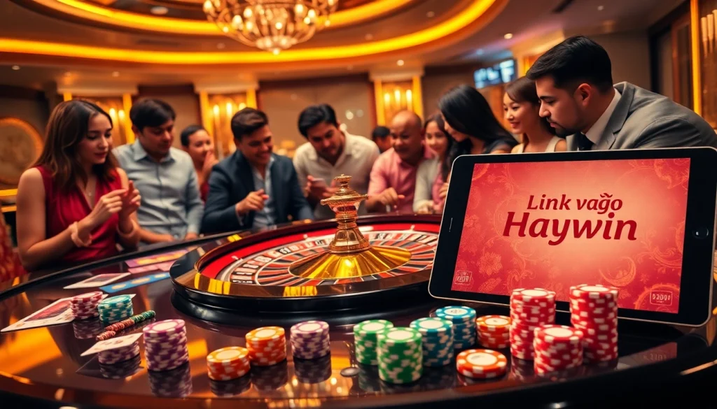 Players strategizing at a casino table while using Link vào Haywin for online betting.