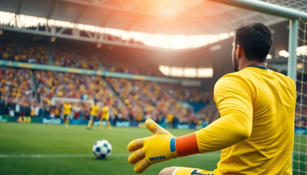 Goalkeeper preparing for an important save during a thscore match in a vibrant stadium.