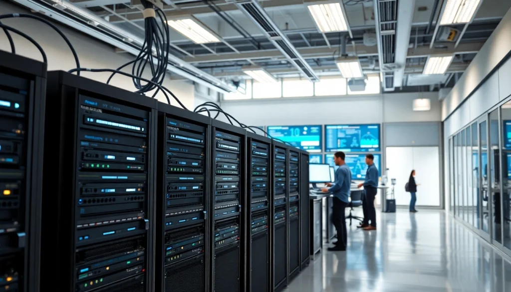 Visualizing Network infrastructure with technicians collaborating in a modern office setup.