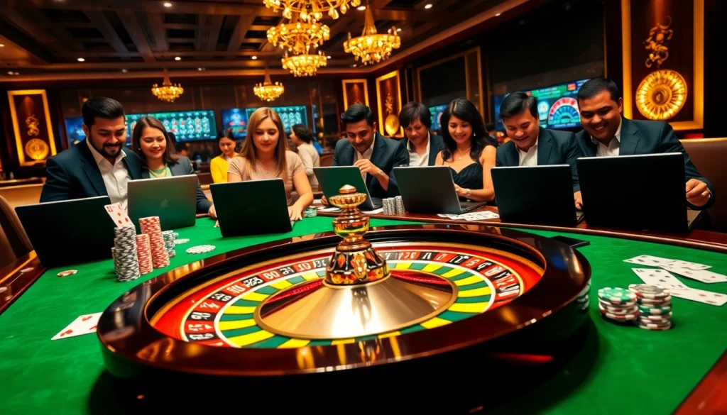 Experience online betting excitement with https://febet8.com in a lively casino scene featuring poker chips and roulette.