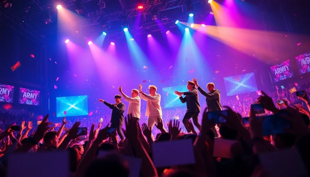 BTS news performance by group members under vibrant lights with cheering fans.