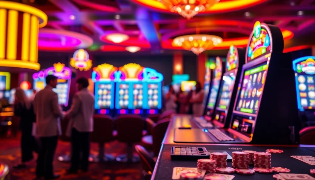 Menampilkan slot deposit 1000 dengan mesin slot yang berkilau dan pemain yang bersemangat.