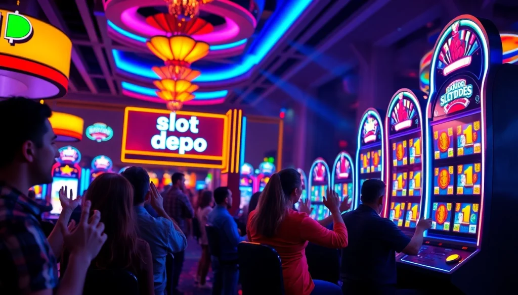 Menampilkan slot depo 1k dengan pemain yang bersemangat di kasino, menyoroti pengalaman bermain yang menyenangkan.