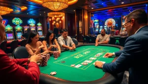 Players enjoy a thrilling game of poker at the b52 casino table amidst vibrant gaming excitement.