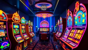 Experience the thrill of slot deposit pulsa with vibrant slot machines and luxury casino elements.