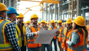 New Jersey Construction Manager leading a dynamic construction site team with blueprints.