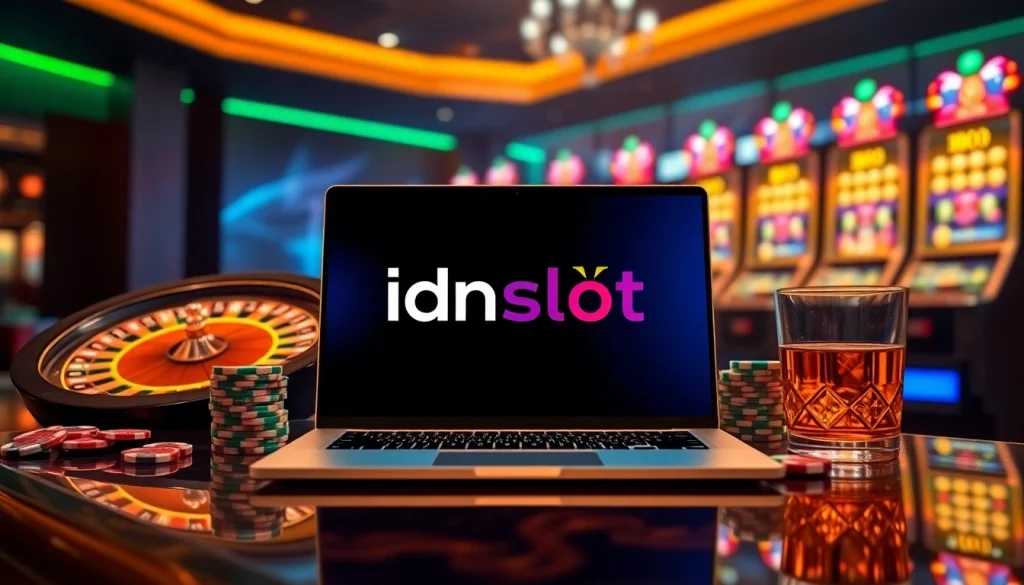 Engage with idnslot's online gaming excellence showcased on a laptop surrounded by luxurious casino elements.
