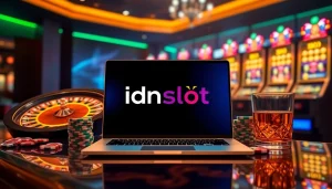 Engage with idnslot's online gaming excellence showcased on a laptop surrounded by luxurious casino elements.
