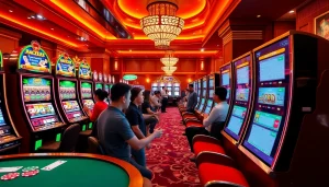 Pengalaman slot togel yang mendebarkan dengan mesin slot berwarna-warni dan slip taruhan digital dalam suasana kasino yang hidup.