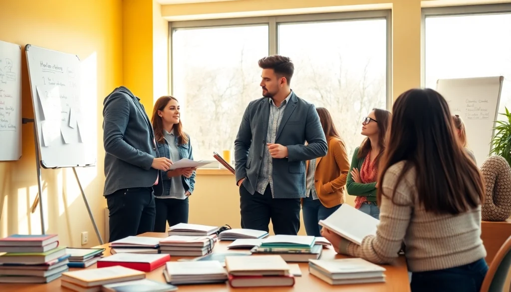 Engaging scene in the exam assistance industry showing a tutor with diverse students in a study room.