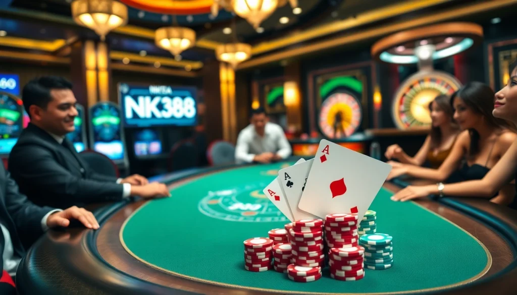 Experience the thrill of gaming at NK88 with vibrant poker chips and excited players.