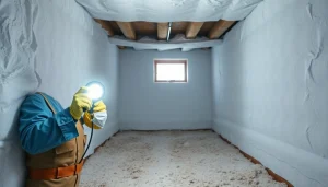 Crawl Space Restoration showcasing a professional technician inspecting a renewed, clean crawl space.