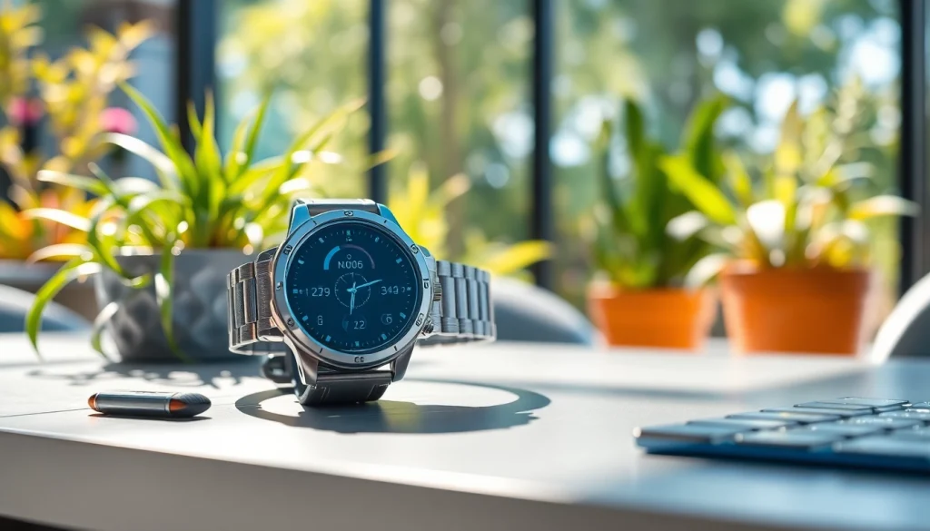 Showcase Explorer Plus GPS Smart Watch on a stylish desk with a natural setting in bright lighting.