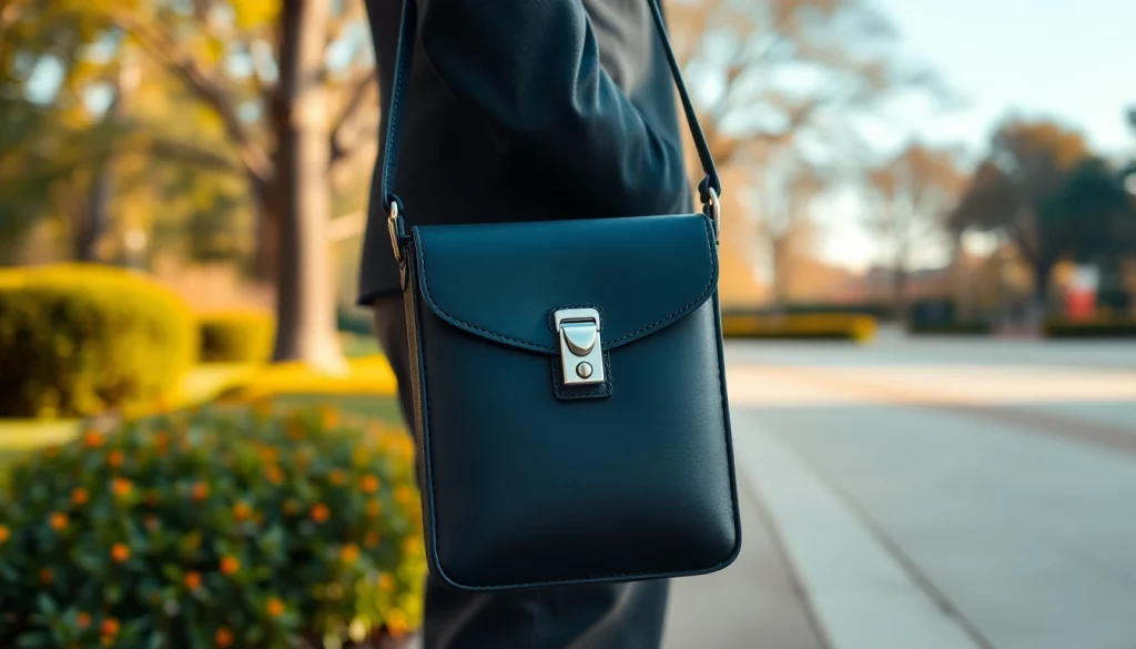 Abschließbare Handytasche mit eleganten Features in einer schönen Parkumgebung