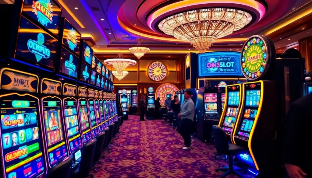Experience the excitement of Idnslot gaming on the vibrant casino floor filled with slot machines.