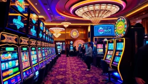 Experience the excitement of Idnslot gaming on the vibrant casino floor filled with slot machines.