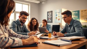 Students collaborating in a bright classroom, showcasing the exam assistance industry.
