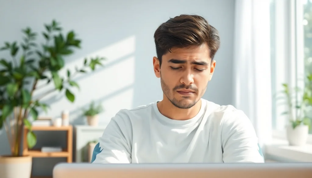 Anxiety symptoms illustrated through a person in a serene workspace demonstrating tension and relief.